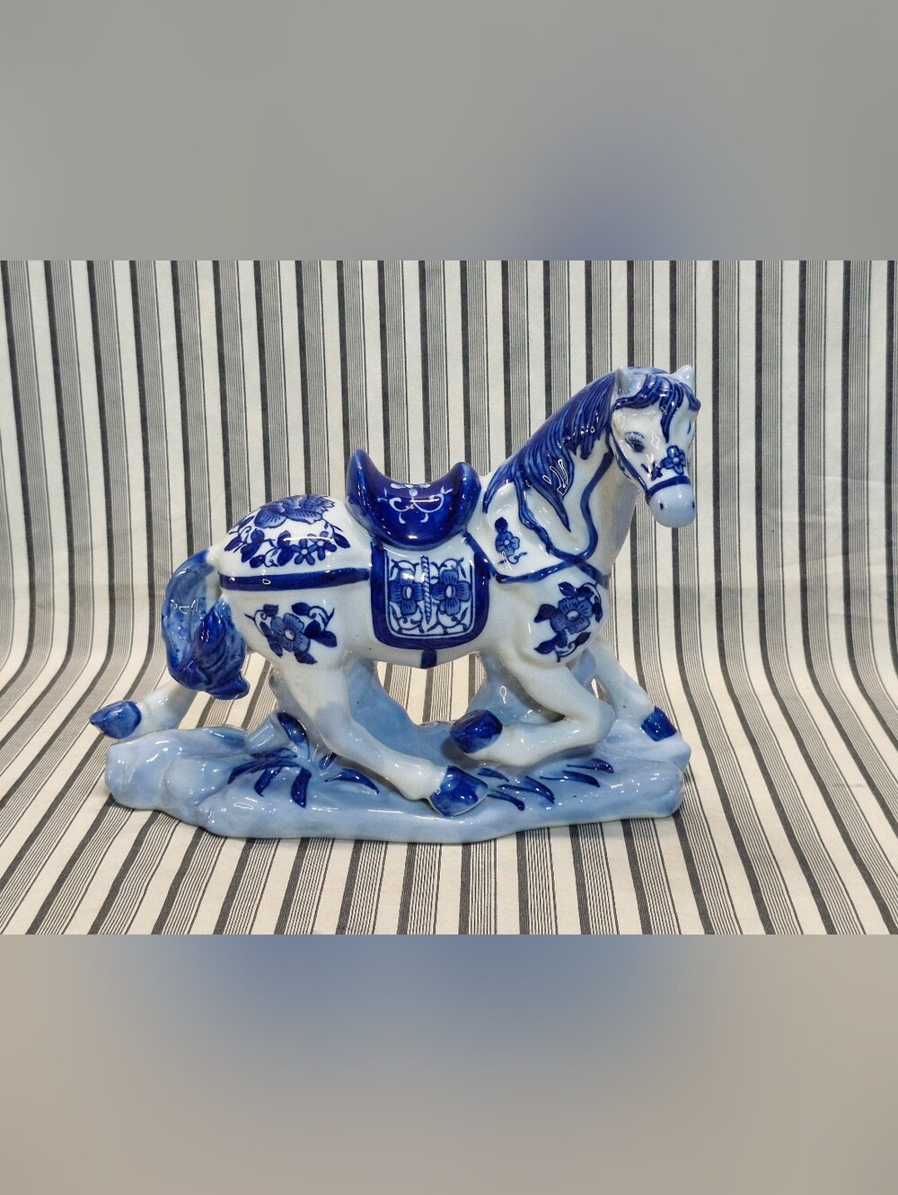 Blue White Porcelain Horse Figurine Chinoiserie Floral Saddled Made in China